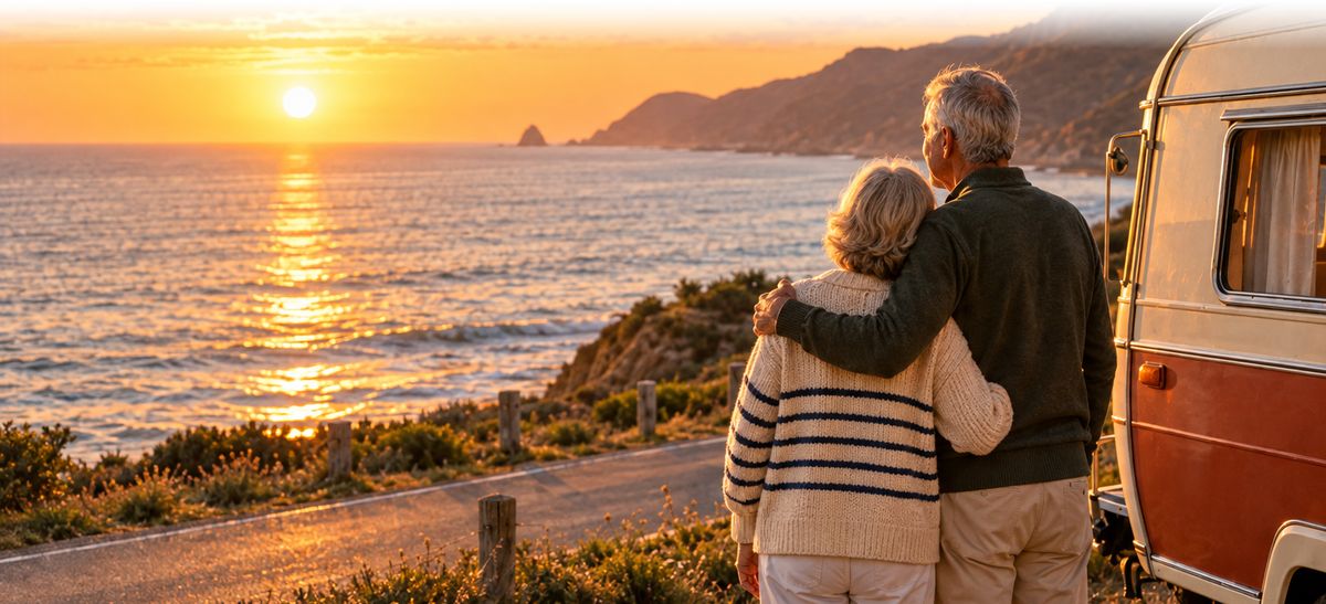 An older couple in sweaters stands arm in arm beside a vintage camper, watching the sun set over the sea.