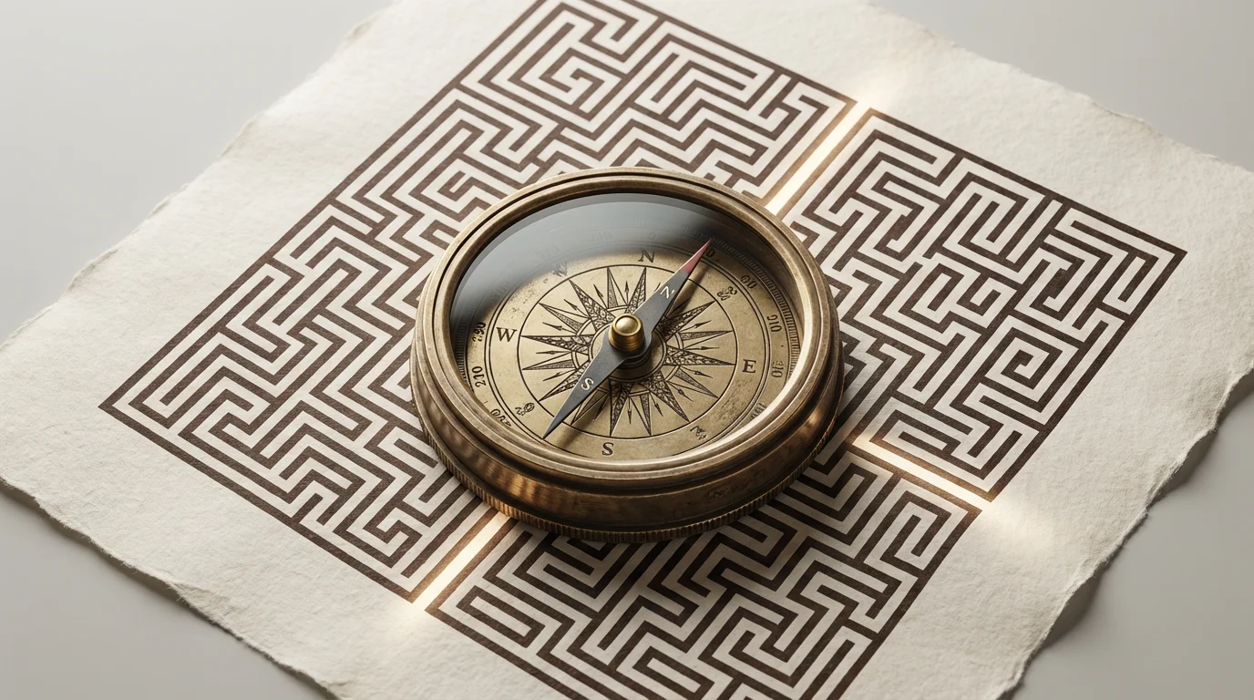 A brass compass providing a clear path on a confusing maze-like document.