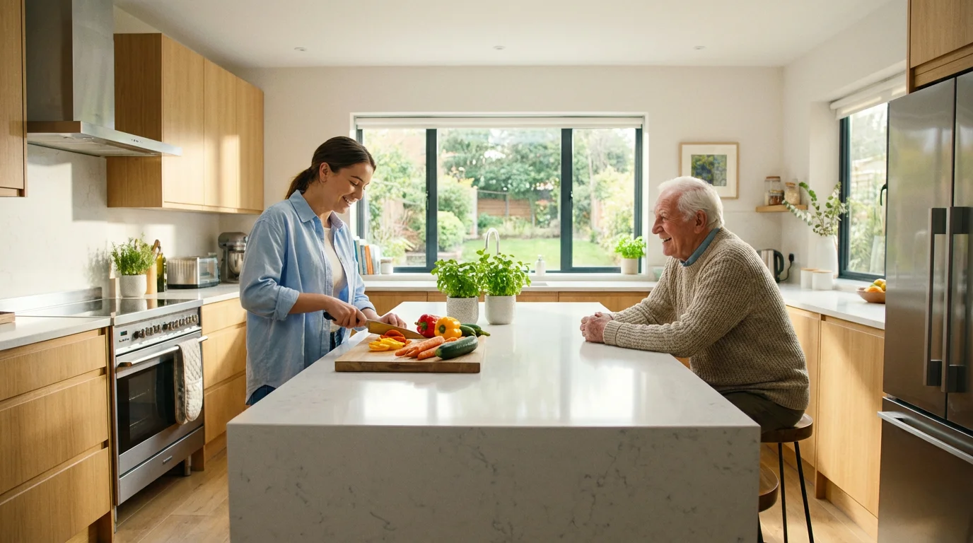 A caregiver assists an elderly man with meal preparation in a bright, modern kitchen.