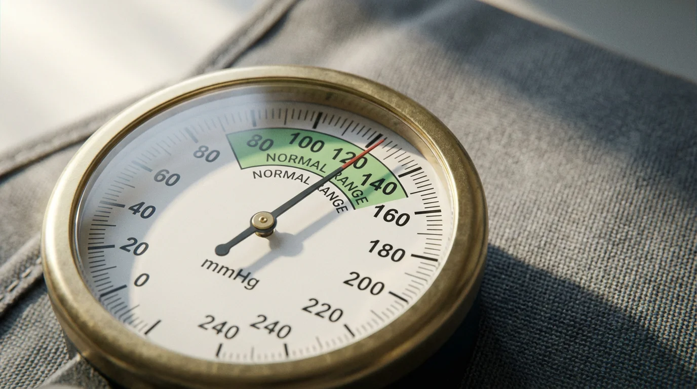 A close-up macro photo of a blood pressure monitor gauge showing a healthy reading.