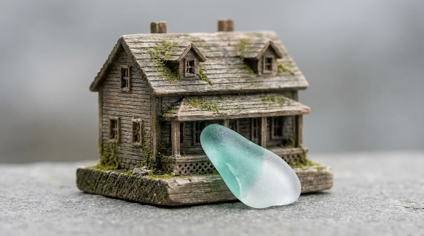 A close-up macro photo of a frosted glass shield protecting a miniature wooden house.