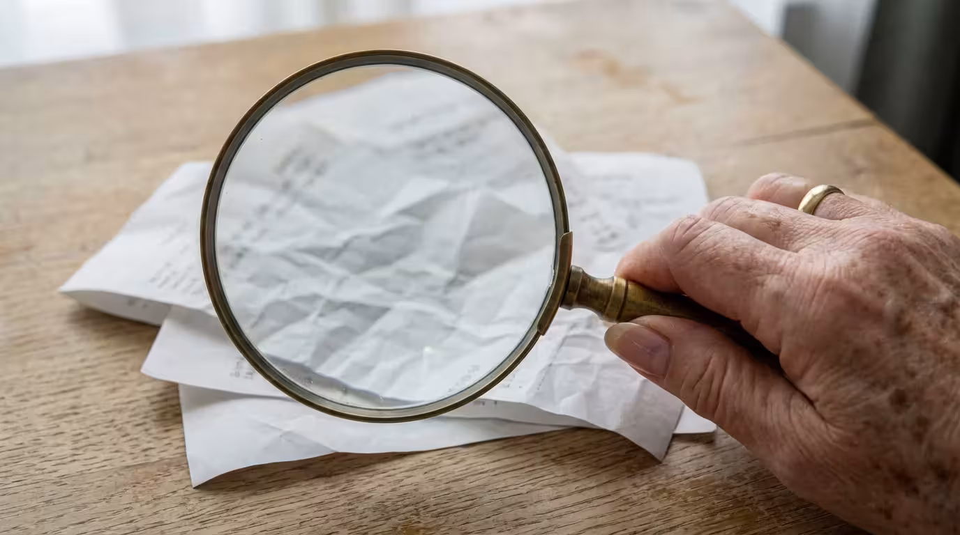 A close-up macro photo of a hand holding a magnifying glass over receipts.
