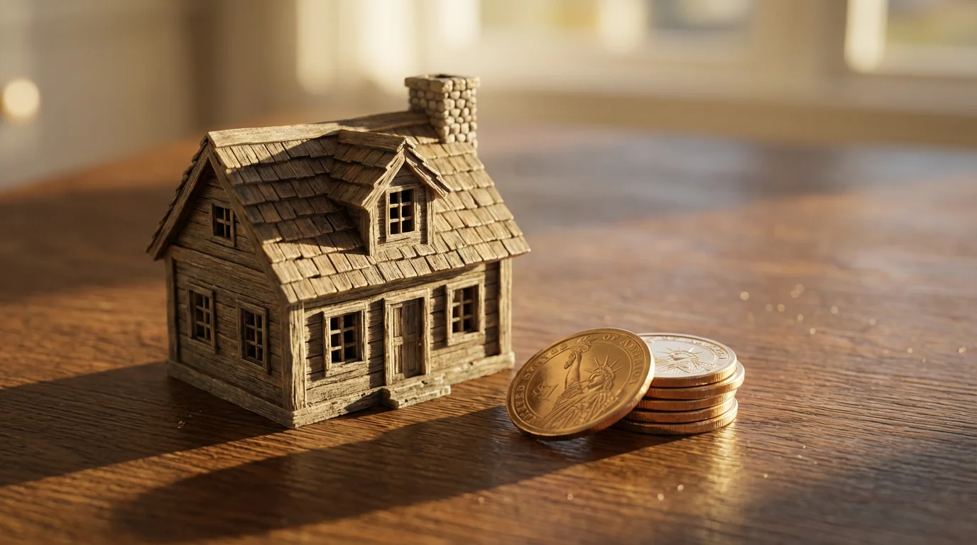 A close-up macro photo of a miniature wooden house model next to stacked coins.