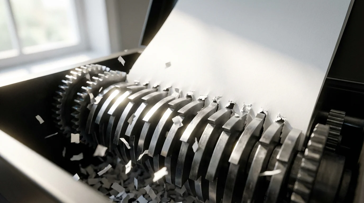 A close-up macro photo of a paper shredder destroying a document to protect information.