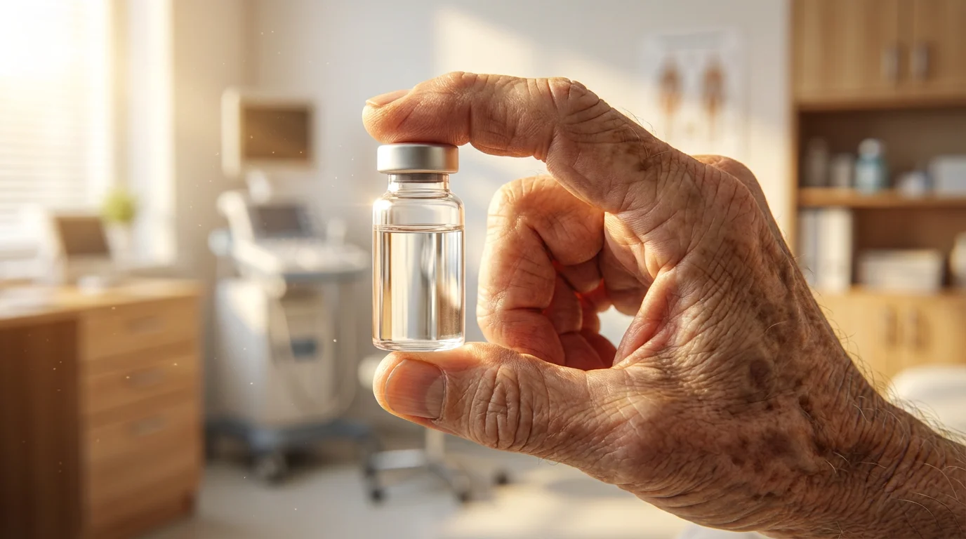 A close-up macro photo of a senior's hand holding a vial of medicine.