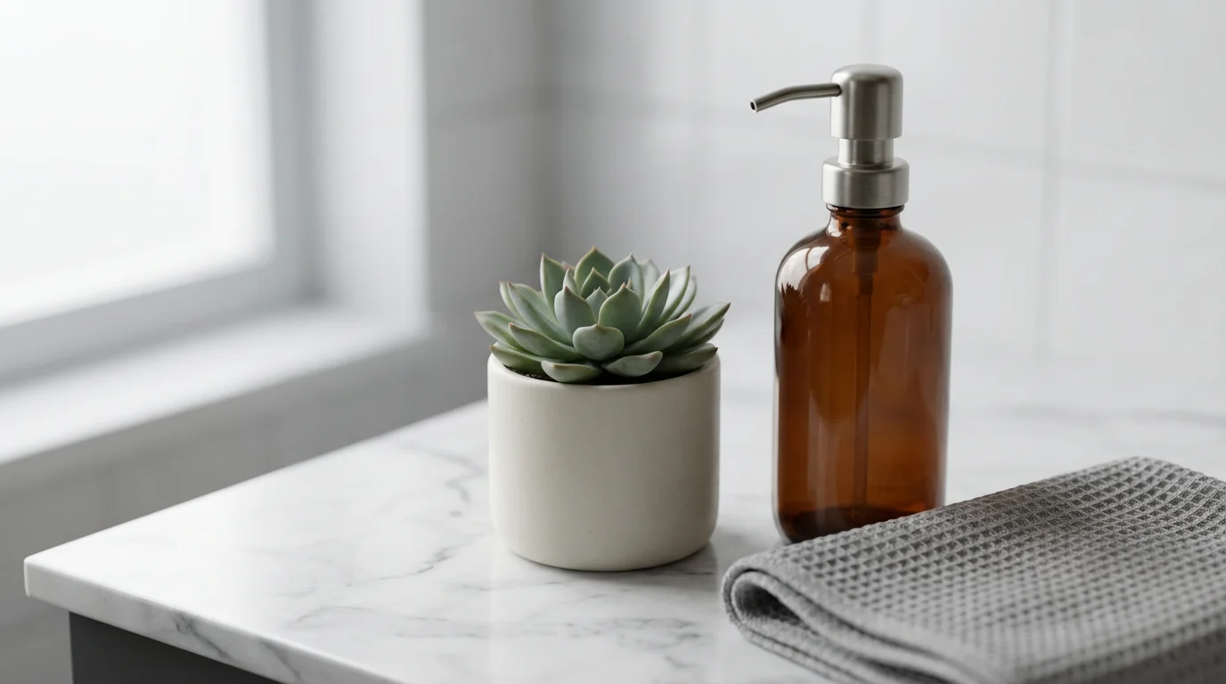A close-up macro photo of a tidy, minimalist bathroom counter with a succulent.