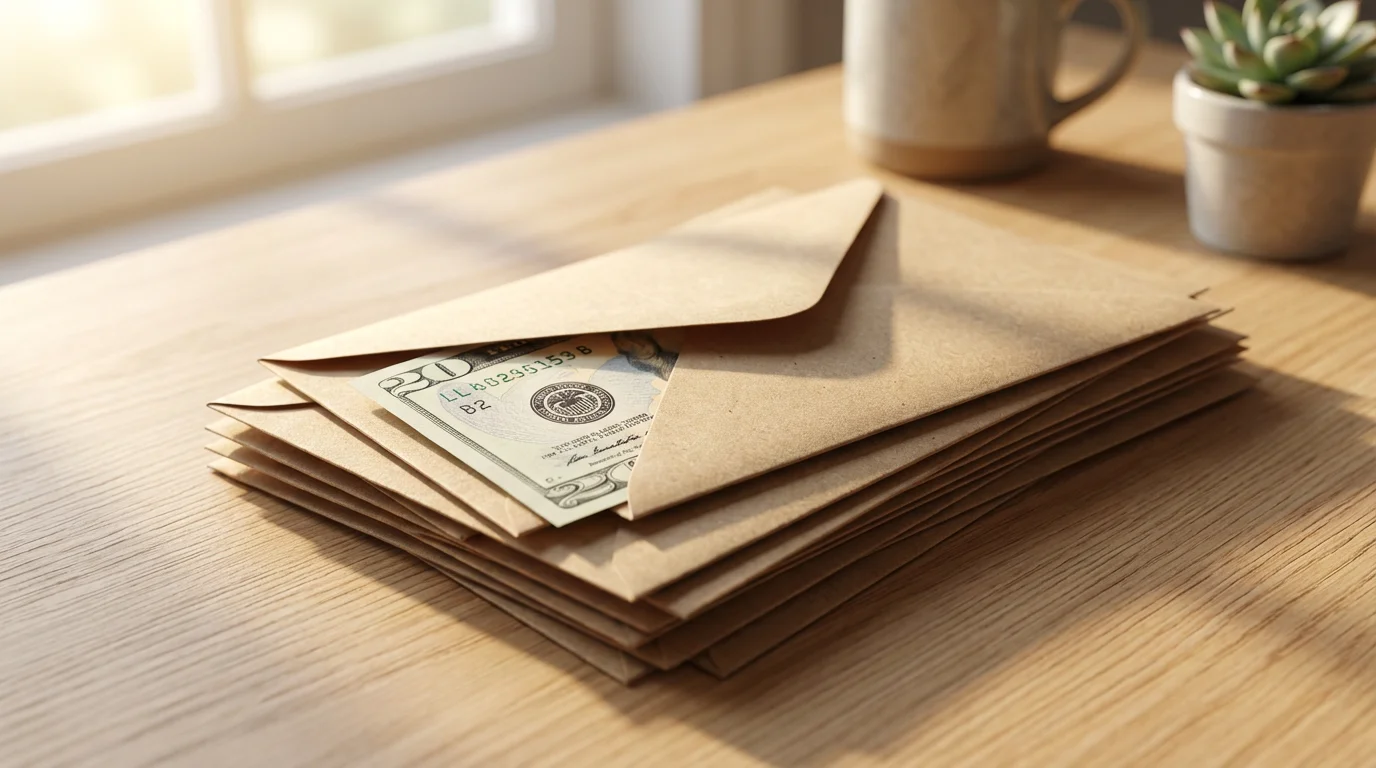 A close-up macro photo of cash being put into a budgeting envelope.