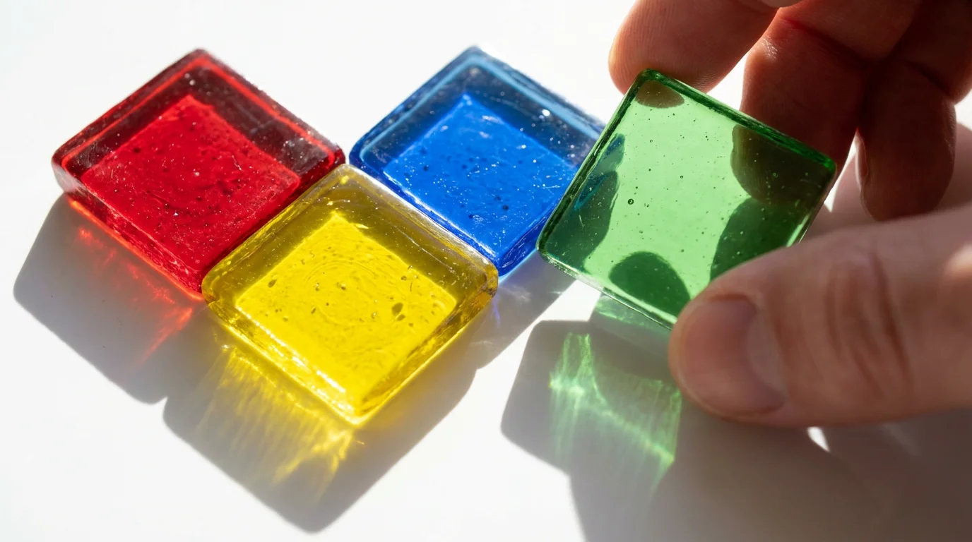 A close-up macro photo of colorful glass mosaic tiles fitting together perfectly.