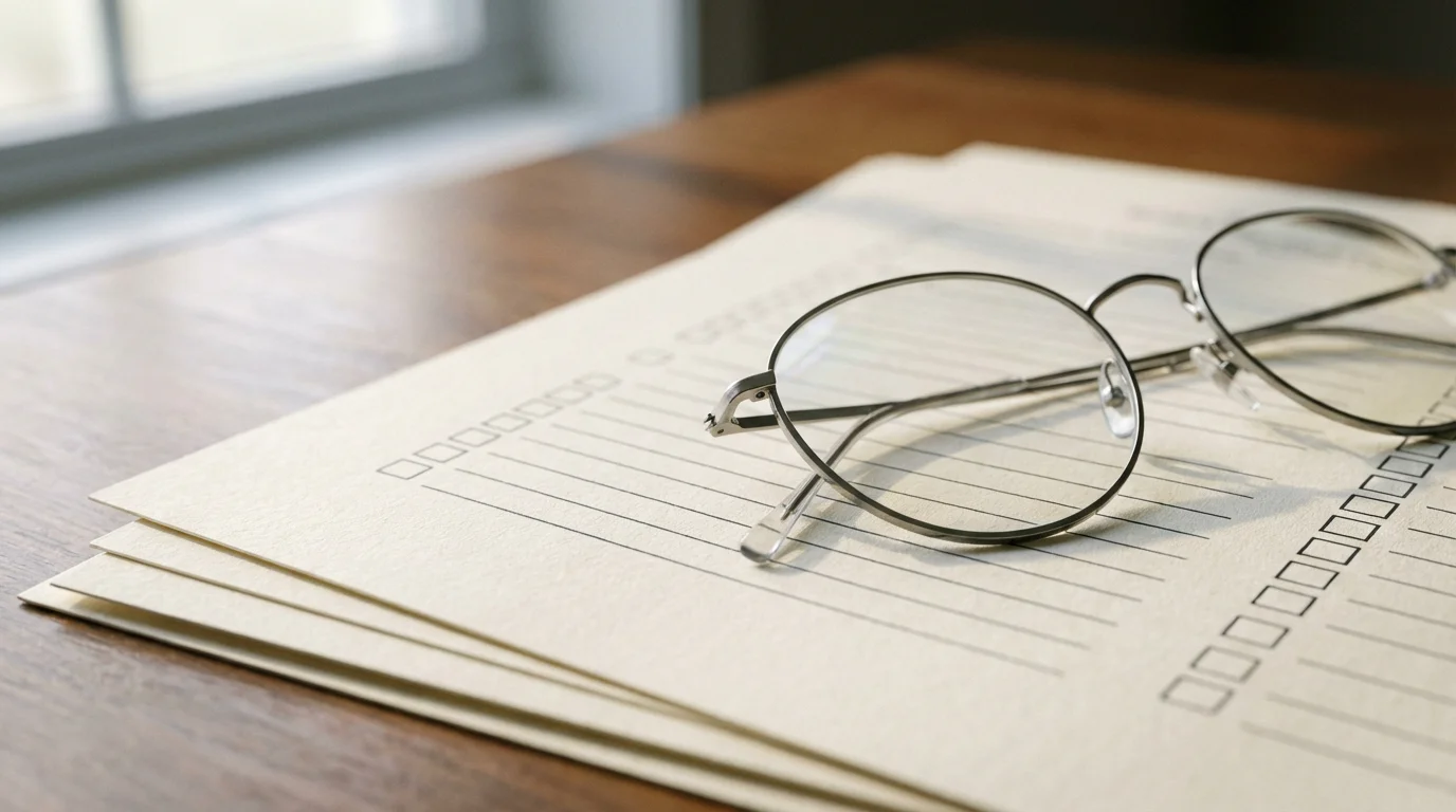 A close-up macro photo of reading glasses on blank forms, symbolizing understanding claims.
