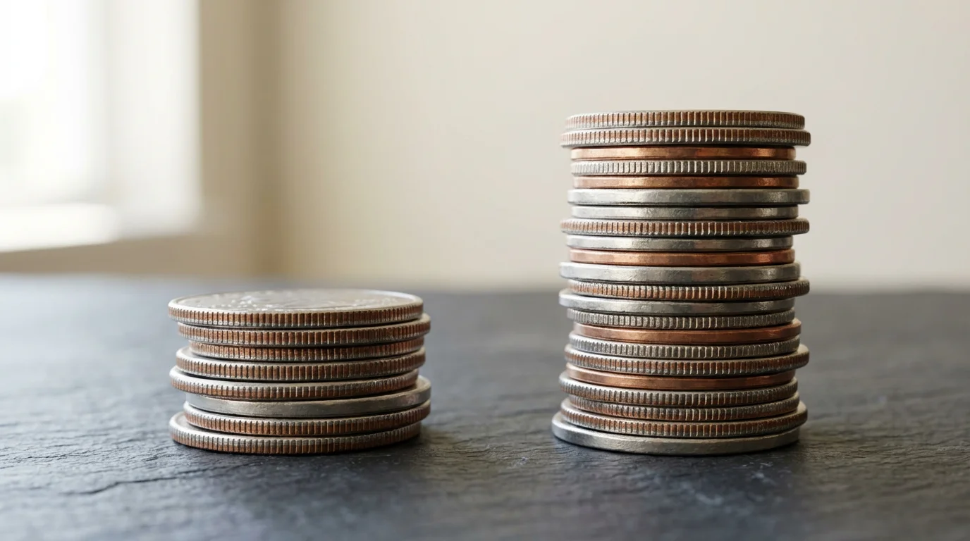 A close-up macro photo of two different sized stacks of coins representing earnings limits.