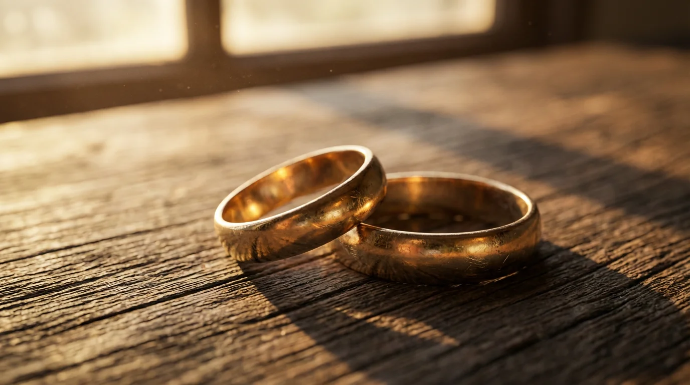 A close-up macro photo of two gold wedding bands touching on a wooden table.