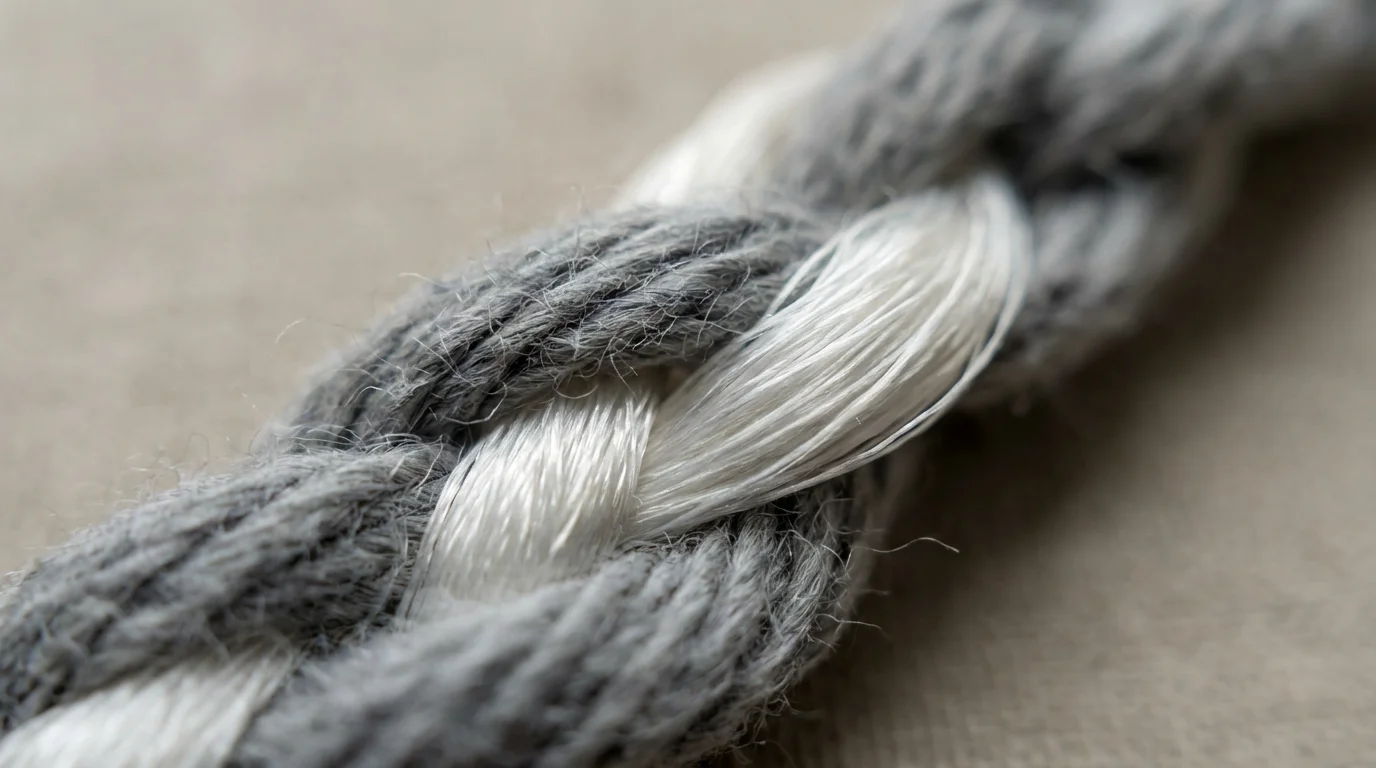 A close-up macro photograph of a gray cotton thread and a white silk thread weaving together.