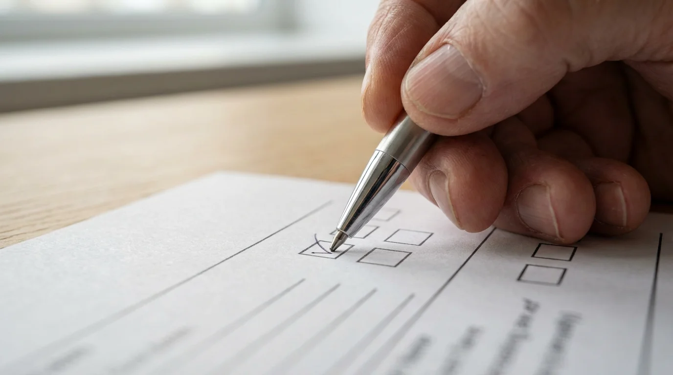 A close-up macro photograph of a hand with a pen checking a box.