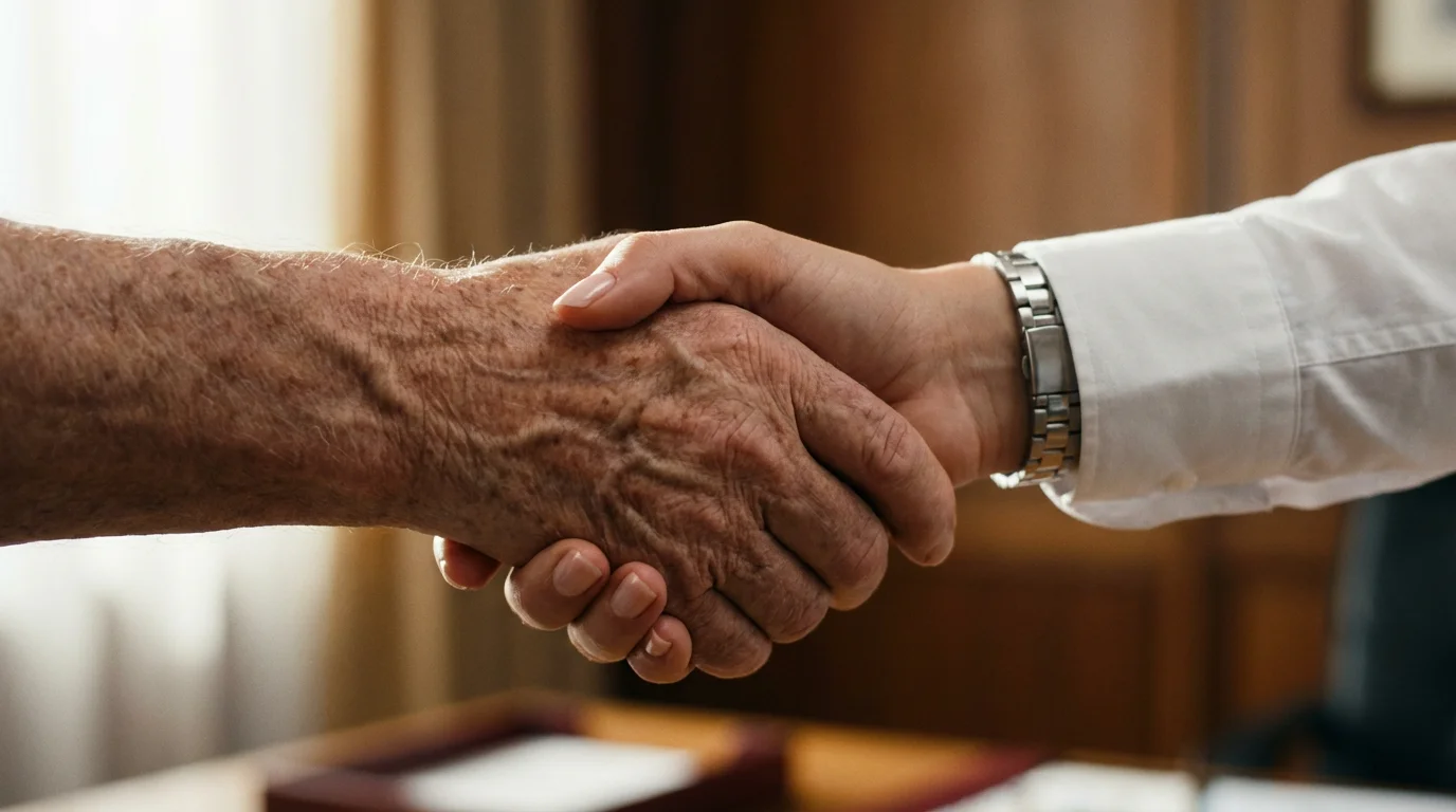 A close-up macro photograph of a senior's hand shaking a professional's hand.