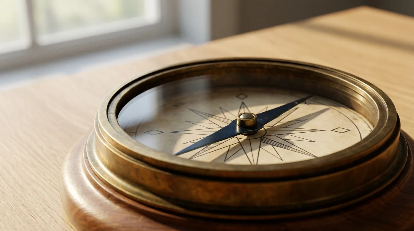 A close-up macro photograph of a vintage navigational compass on a wooden surface.
