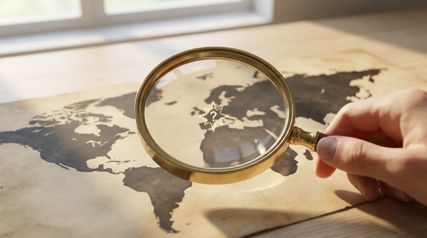 A close-up macro shot of a magnifying glass examining a world map for exceptions.