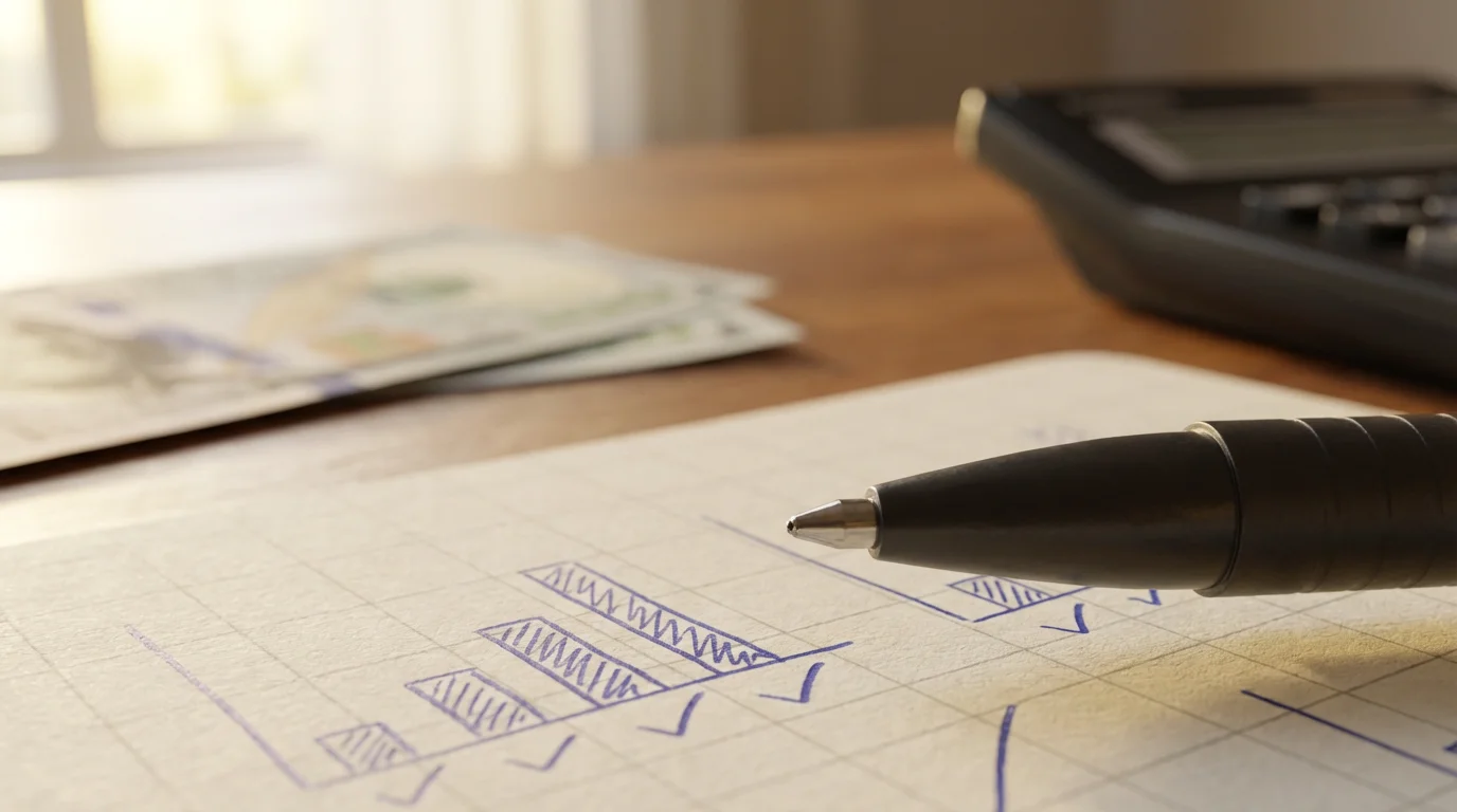A close-up macro shot of a pen poised over a notepad for bill negotiation preparation.