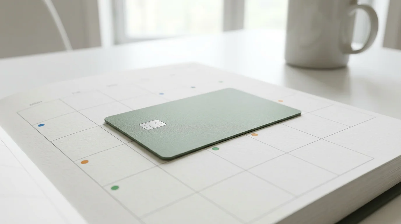 A close-up of a blank credit card resting on a paper planner page.