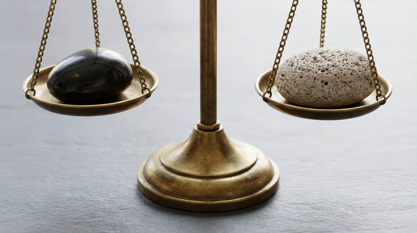 A close-up of a brass balance scale holding two different stones, representing pros and cons.