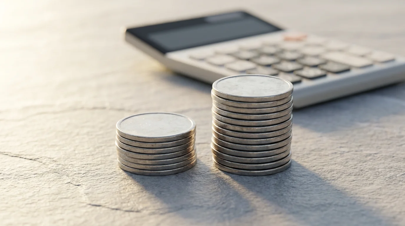 A close-up of a calculator and two stacks of coins representing financial calculations.