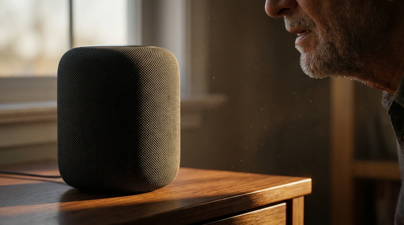 A close-up of a charcoal smart speaker on a wooden table in afternoon light.