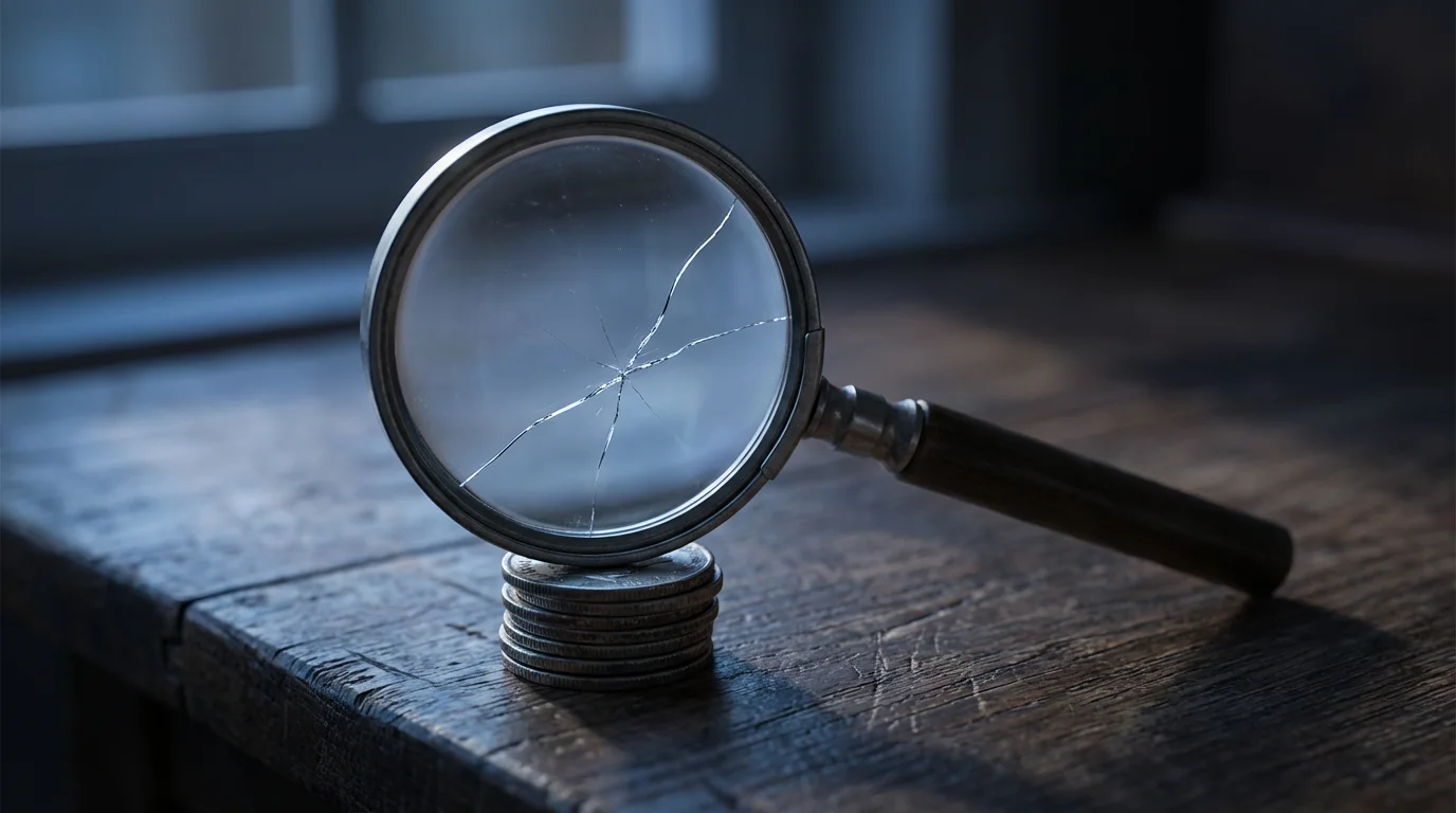 A close-up of a cracked magnifying glass held over a small stack of coins.
