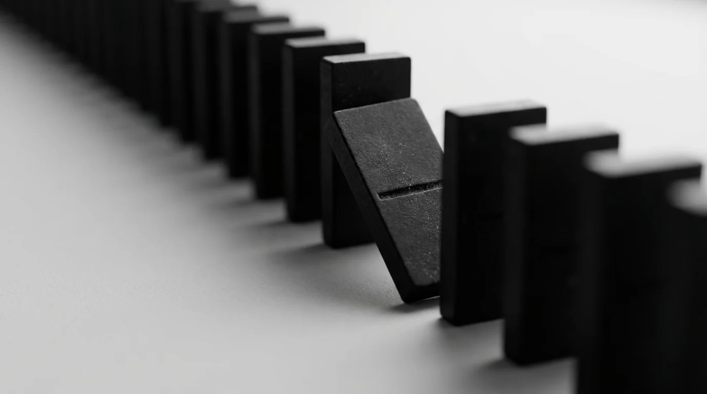 A close-up of a misaligned black domino, interrupting a perfect line of dominoes.