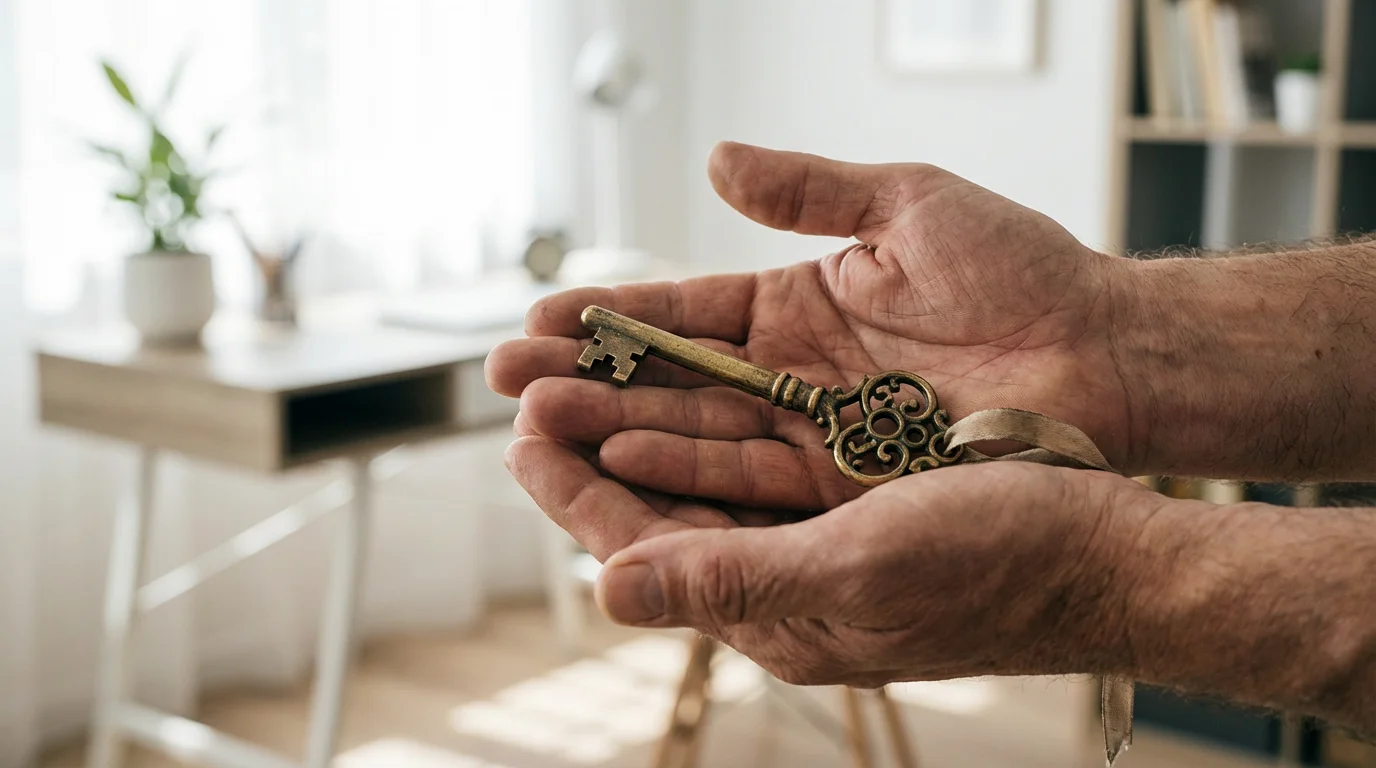 A close-up of a person's hands protectively holding a vintage key, symbolizing data security.