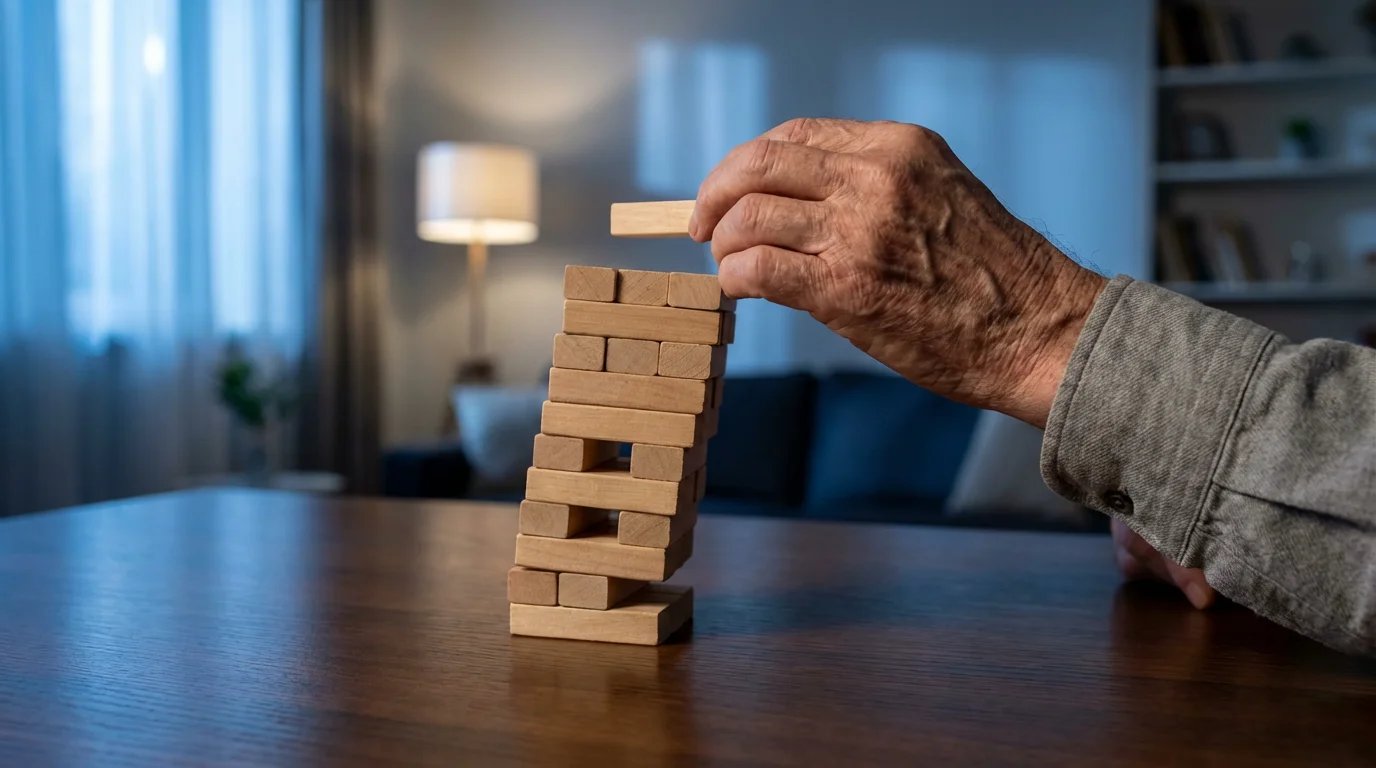 A close-up of a senior's hand carefully placing a wooden block on a Jenga tower.