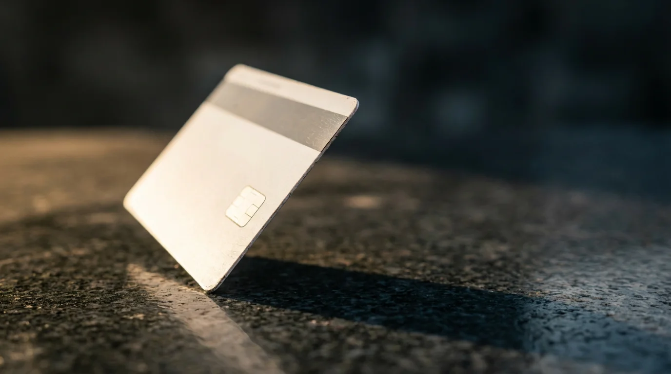 A close-up of a single credit card balanced precariously, casting a long shadow.