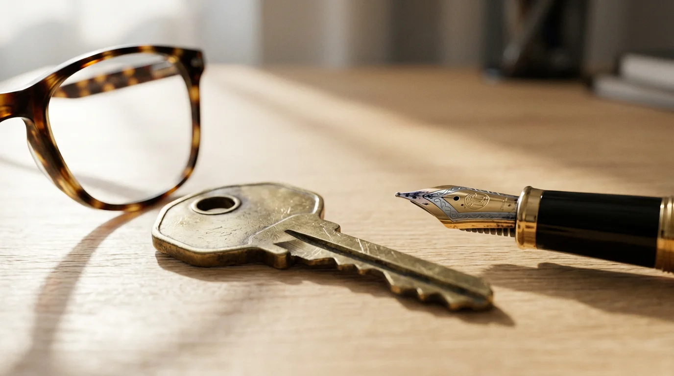 A close-up of a vintage house key, fountain pen, and eyeglasses on a desk.