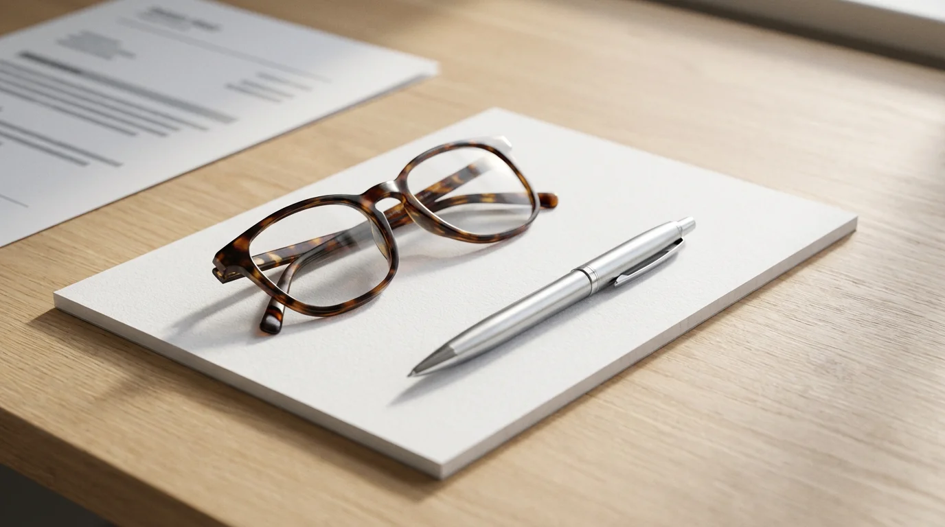A close-up of reading glasses, a pen, and a notepad organized on a desk.