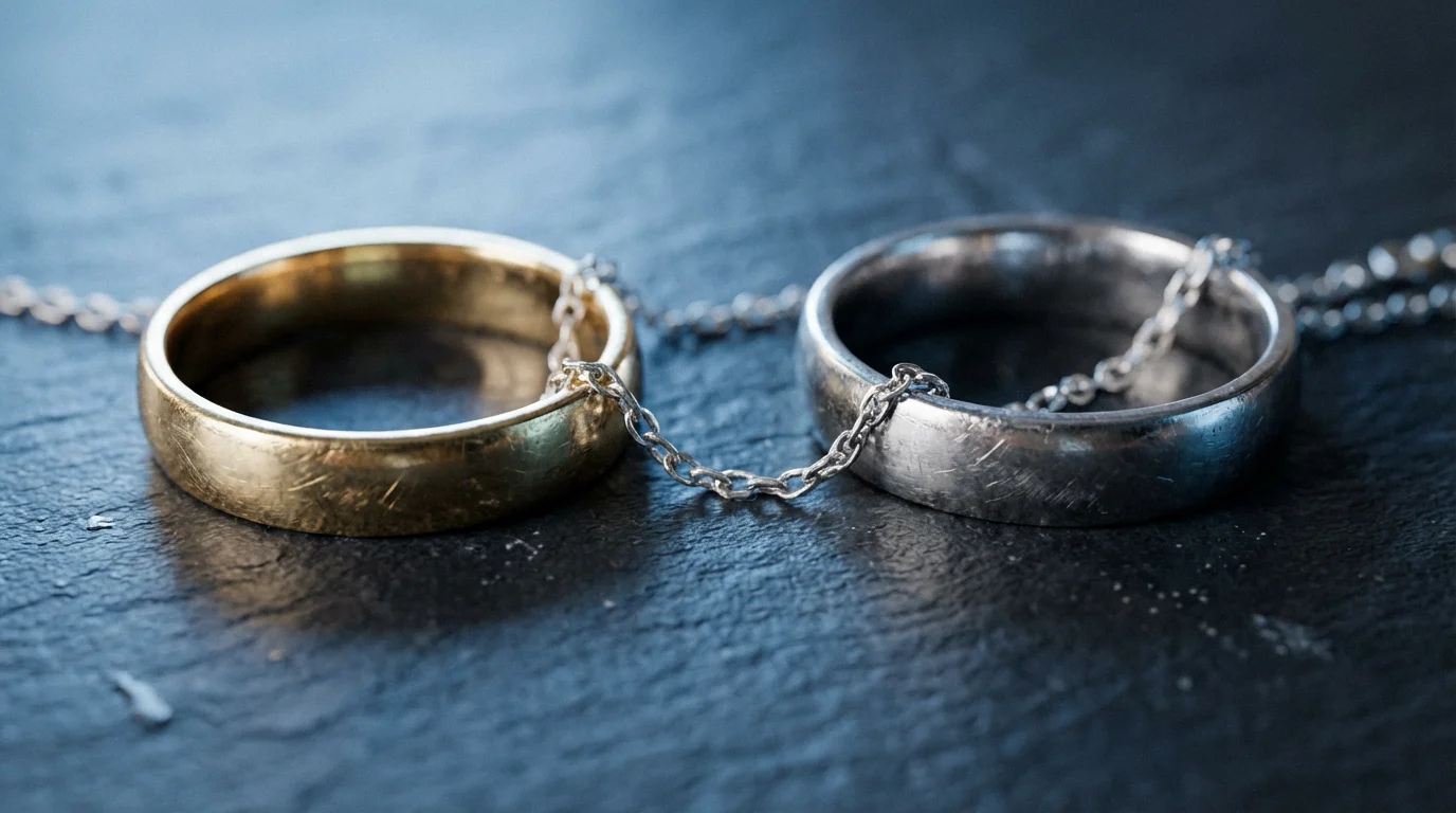 A close-up of two separated wedding rings symbolically connected by a delicate silver chain.