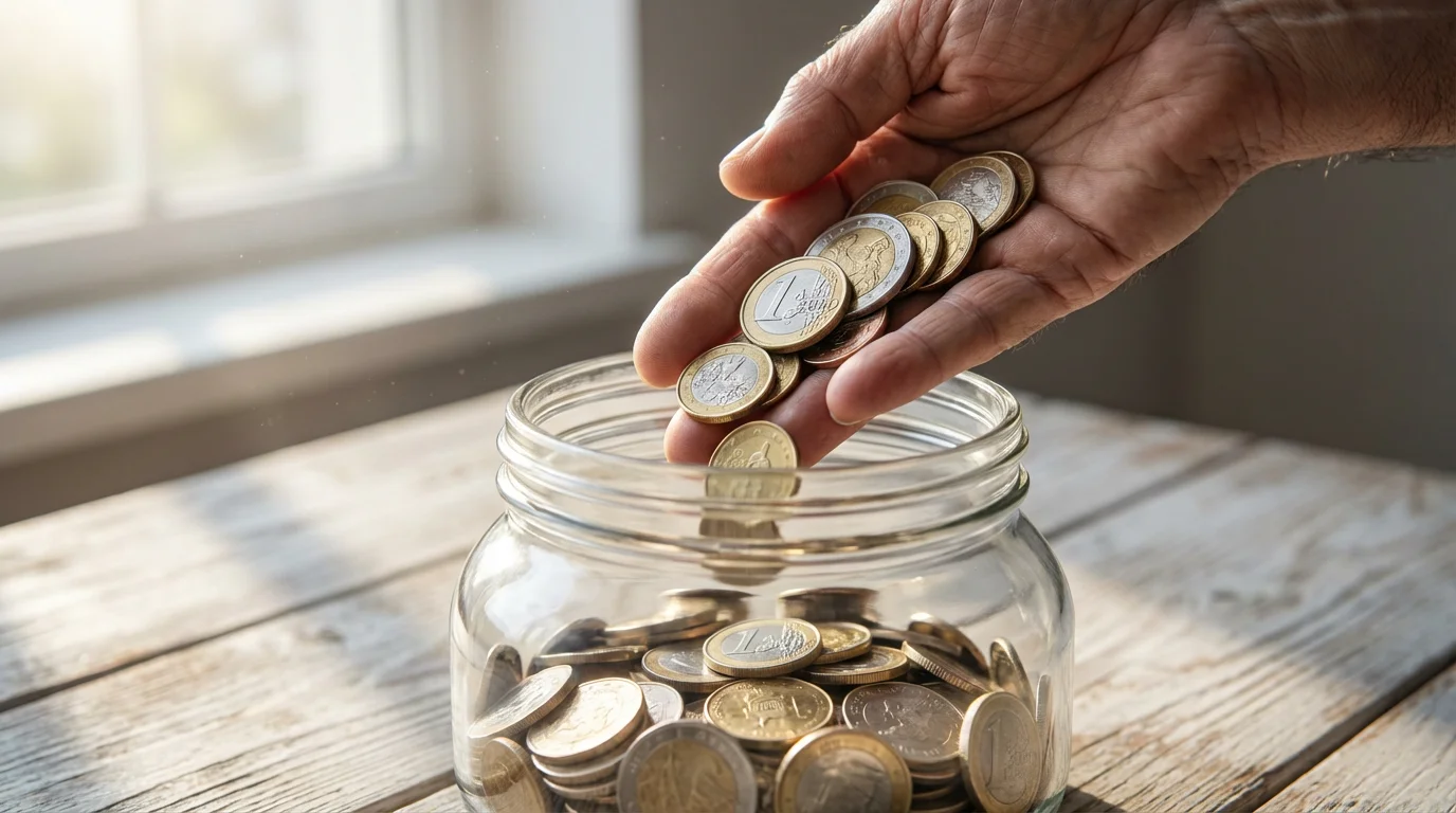 A close-up photograph of an older hand dropping coins into a glass savings jar.