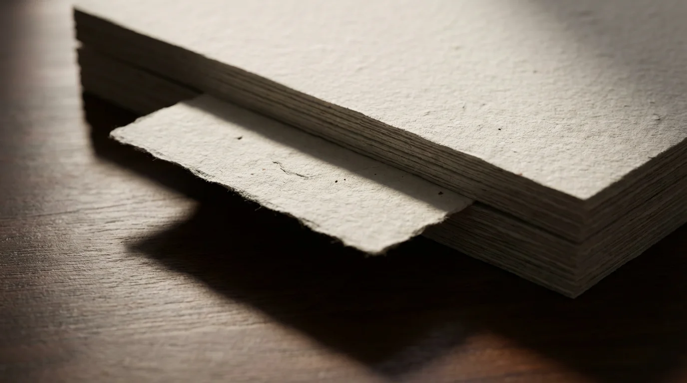 A close-up photograph showing one paper sheet being removed from a larger stack.