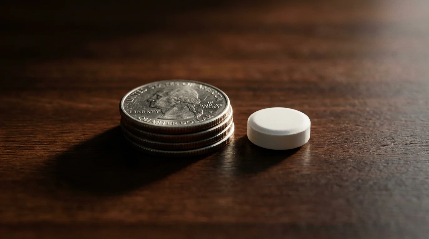 A close-up shot of a stack of coins next to a single pill.