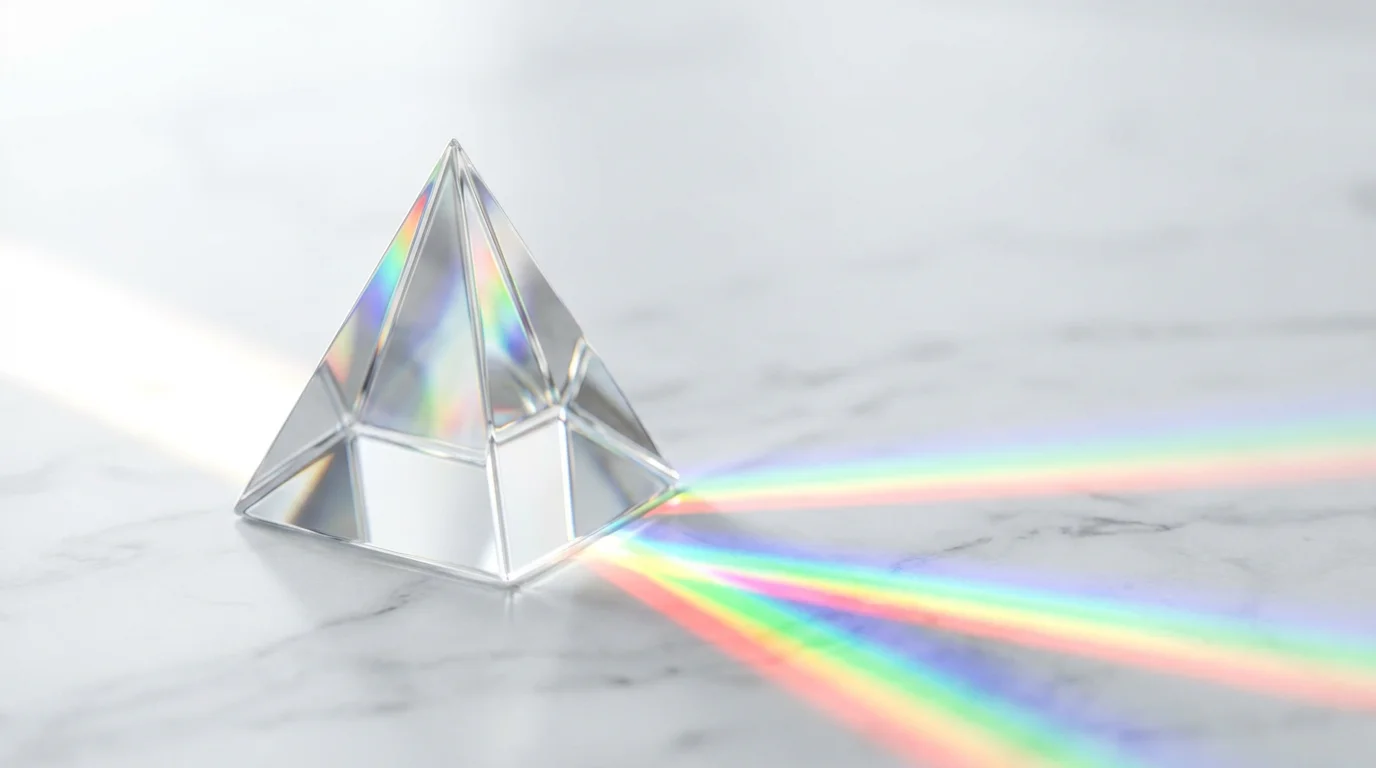 A crystal prism refracting a single beam of light into three colorful bands.