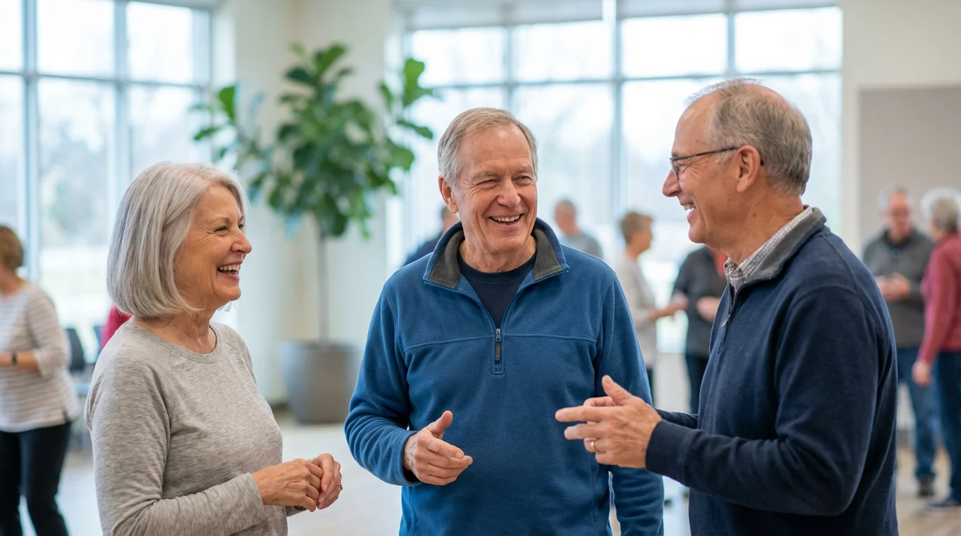 A diverse group of active seniors socializing and laughing together in a bright community center.