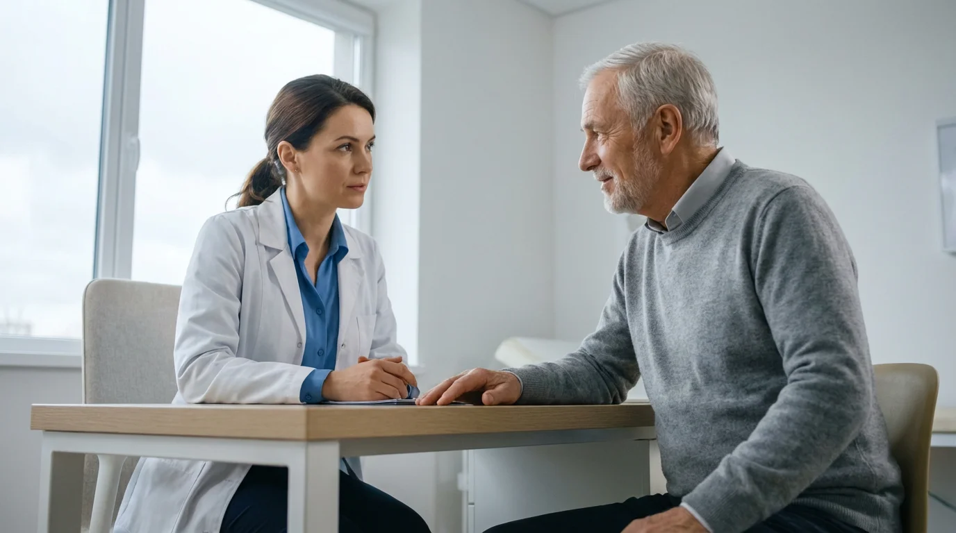 A doctor and an elderly patient have a positive consultation in a modern office.