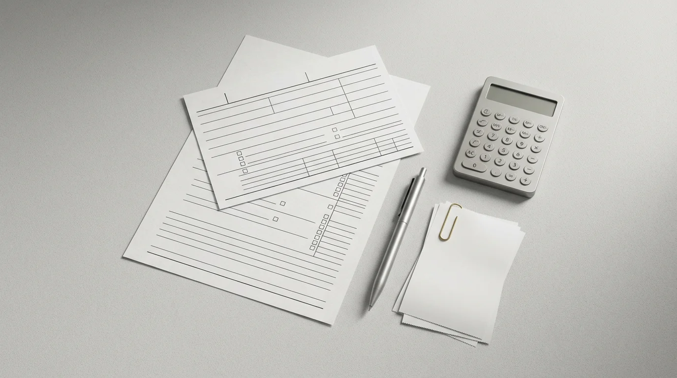 A flat lay of a blank claim form, pen, calculator, and receipts.