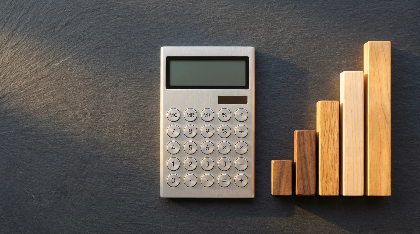 A flat lay of a calculator next to wooden blocks arranged in an ascending pattern.