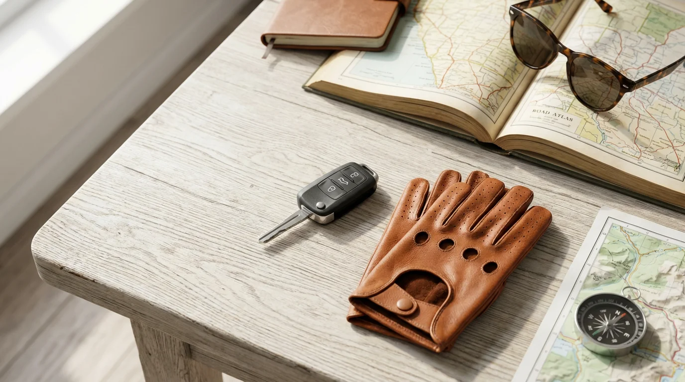 A flat lay of a car key, driving gloves, sunglasses, and a road map.