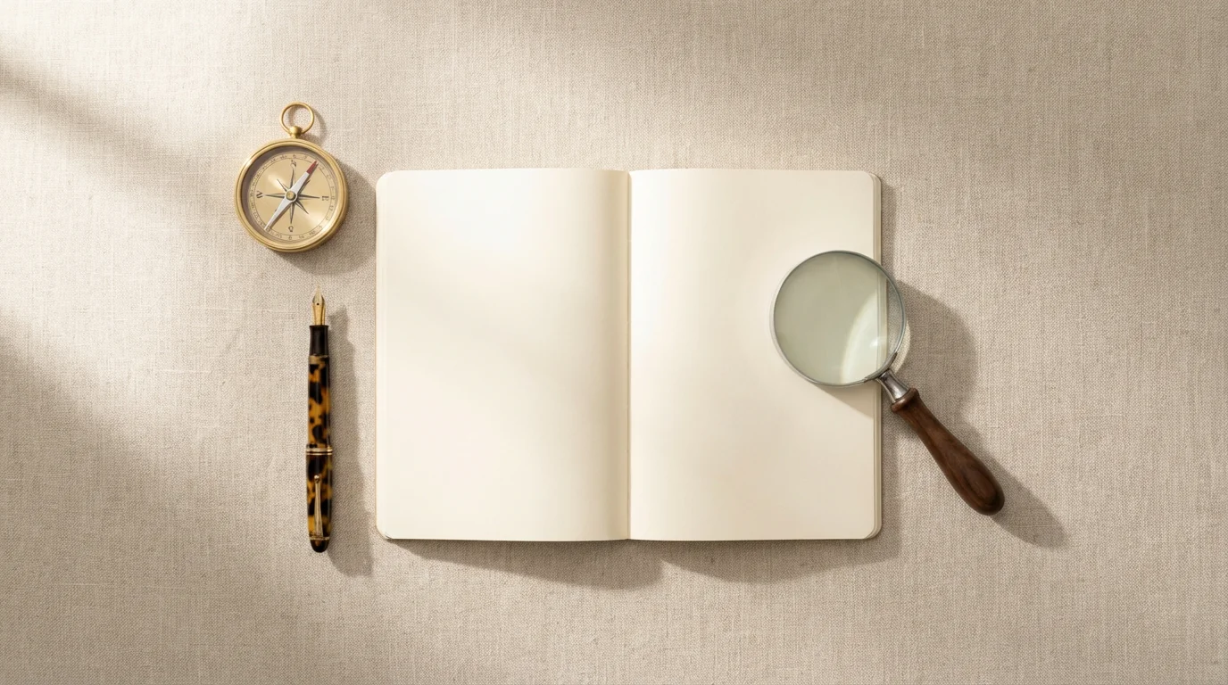 A flat lay of a compass, pen, magnifying glass, and notebook for financial resources.