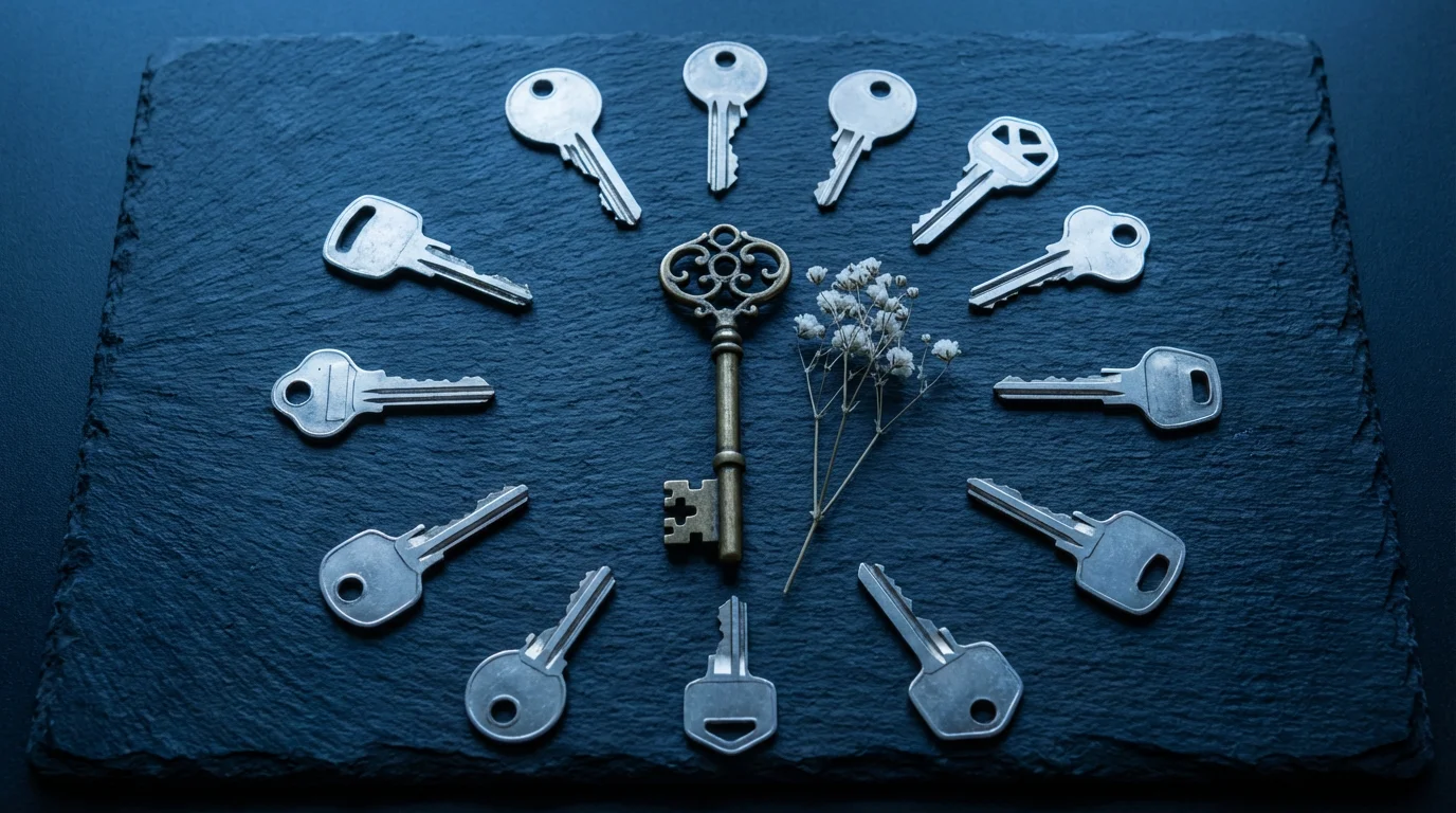 A flat lay of a large vintage key surrounded by smaller modern keys.