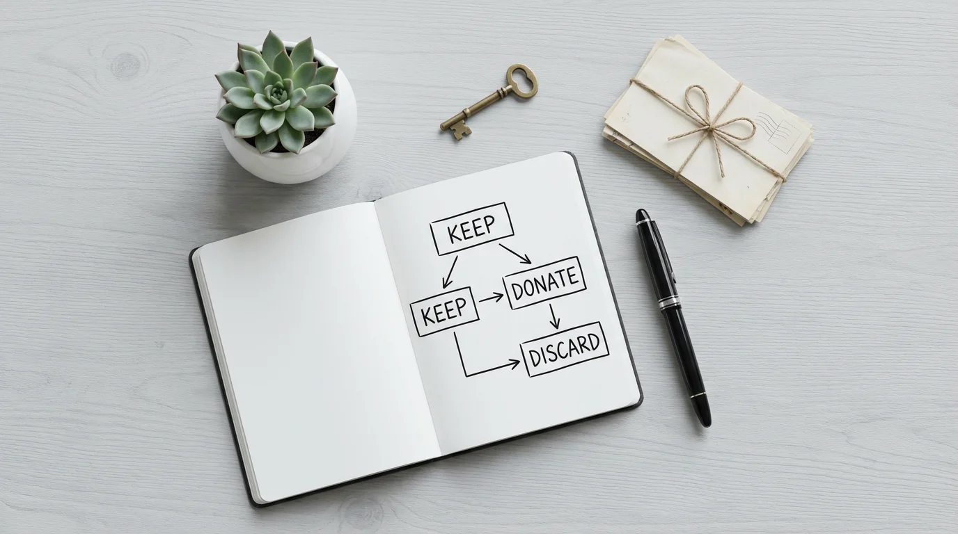 A flat lay of a notebook with a decluttering plan, pen, plant, and key.