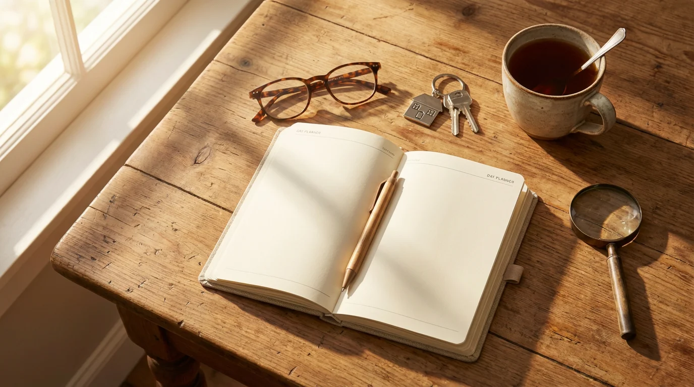 A flat lay of a planner, glasses, and a magnifying glass symbolizing senior services.