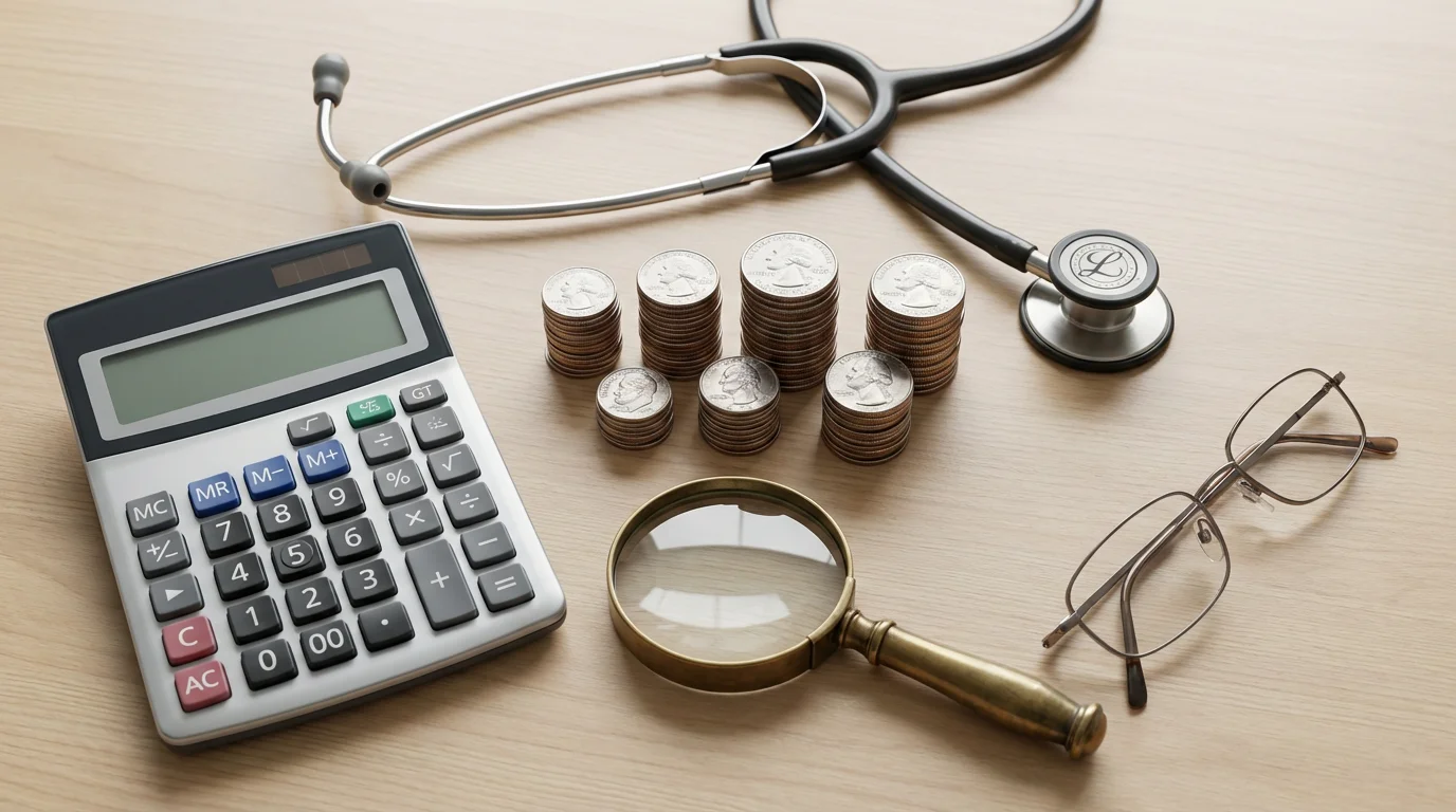A flat lay of a stethoscope, calculator, coins, and glasses representing long-term care costs.