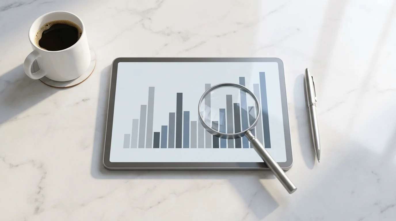 A flat lay of a tablet showing an abstract chart, a magnifying glass, and coffee.