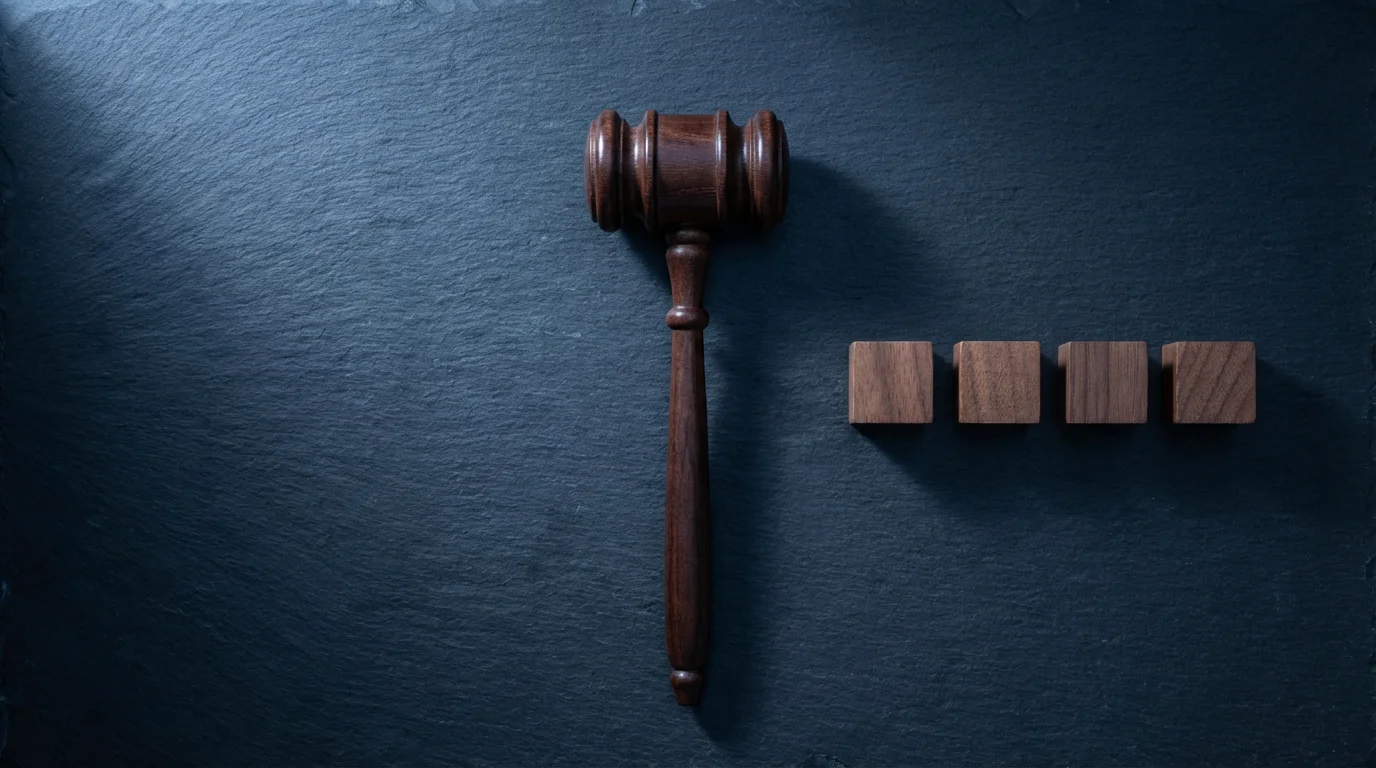 A flat lay of a wooden gavel next to four small wooden blocks in a row.