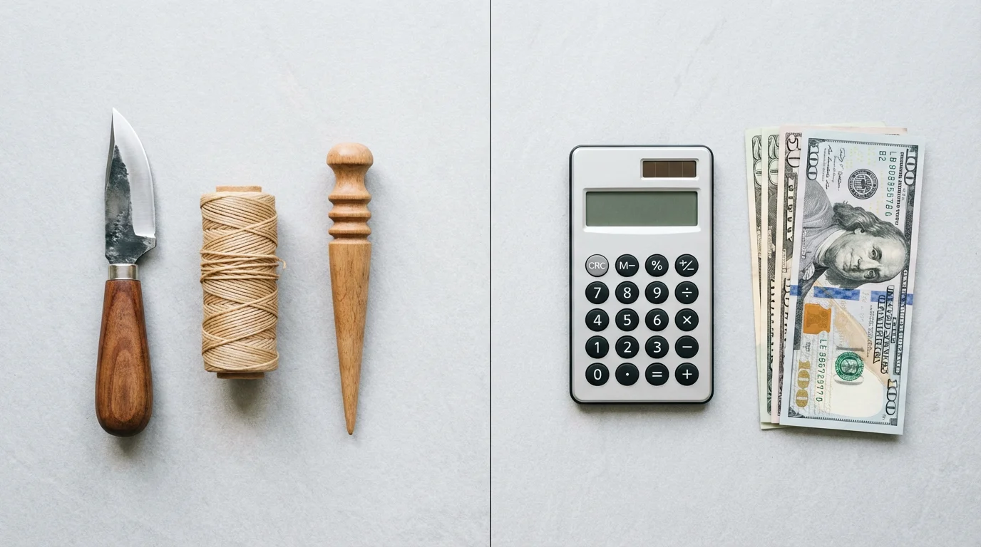 A flat lay of artisan leatherworking tools next to a calculator and cash.